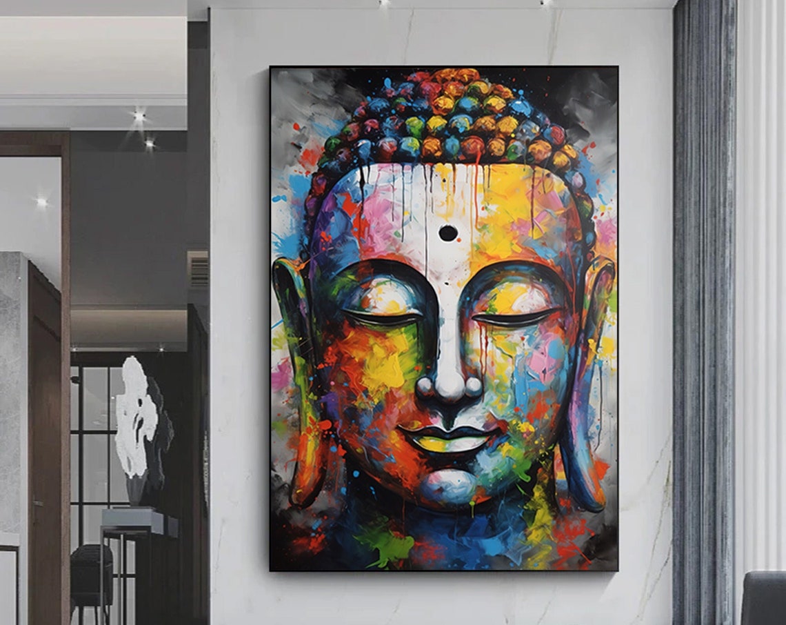 Colorful Buddha Face Rainbow Paint Splashes Peaceful Zen Poster