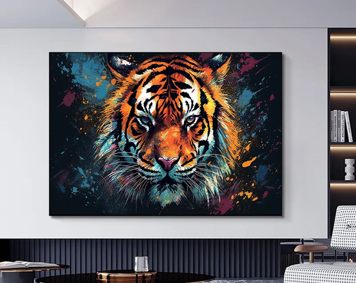 Colorful Tiger Face Splash Paint Black Background Art Poster