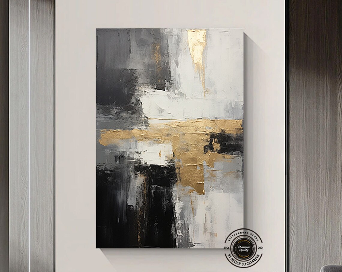 Black White and Gold Textured Modern Abstract Painting Poster