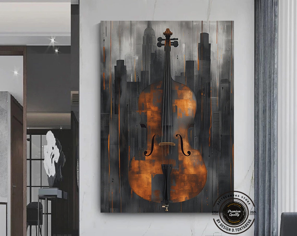 Cello Against City Skyline Rust Copper Musical Instrument Art Poster
