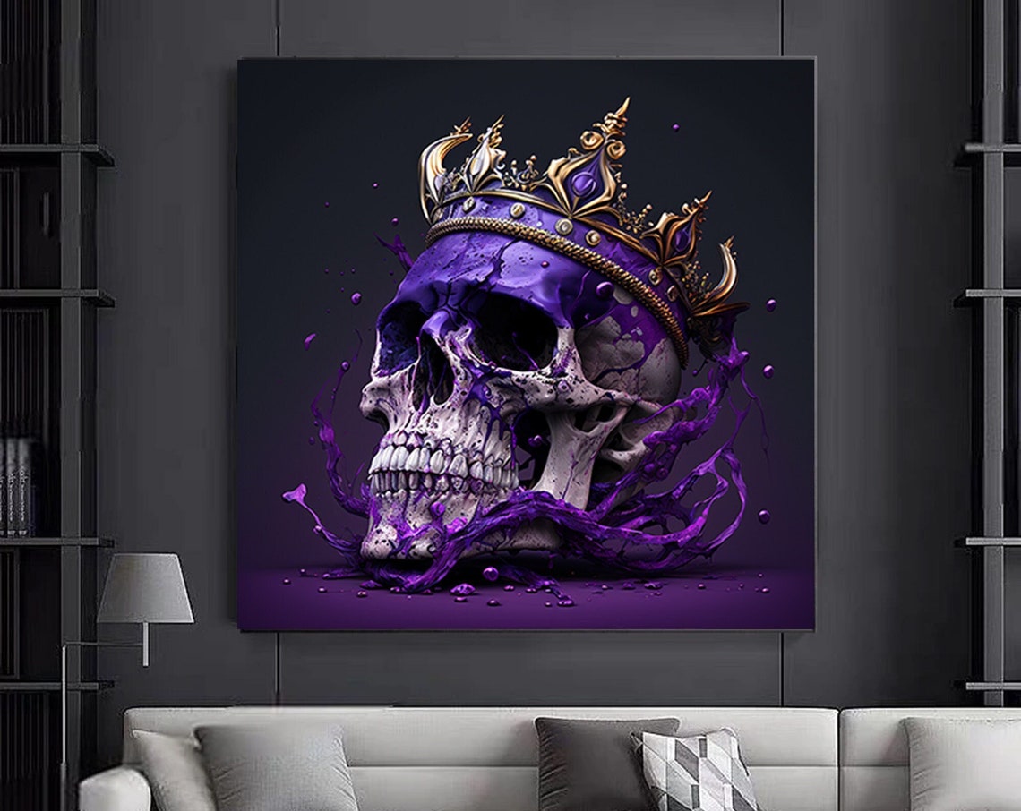 Purple Skull With Gold Crown On Dark Gothic Splatter Wall Art
