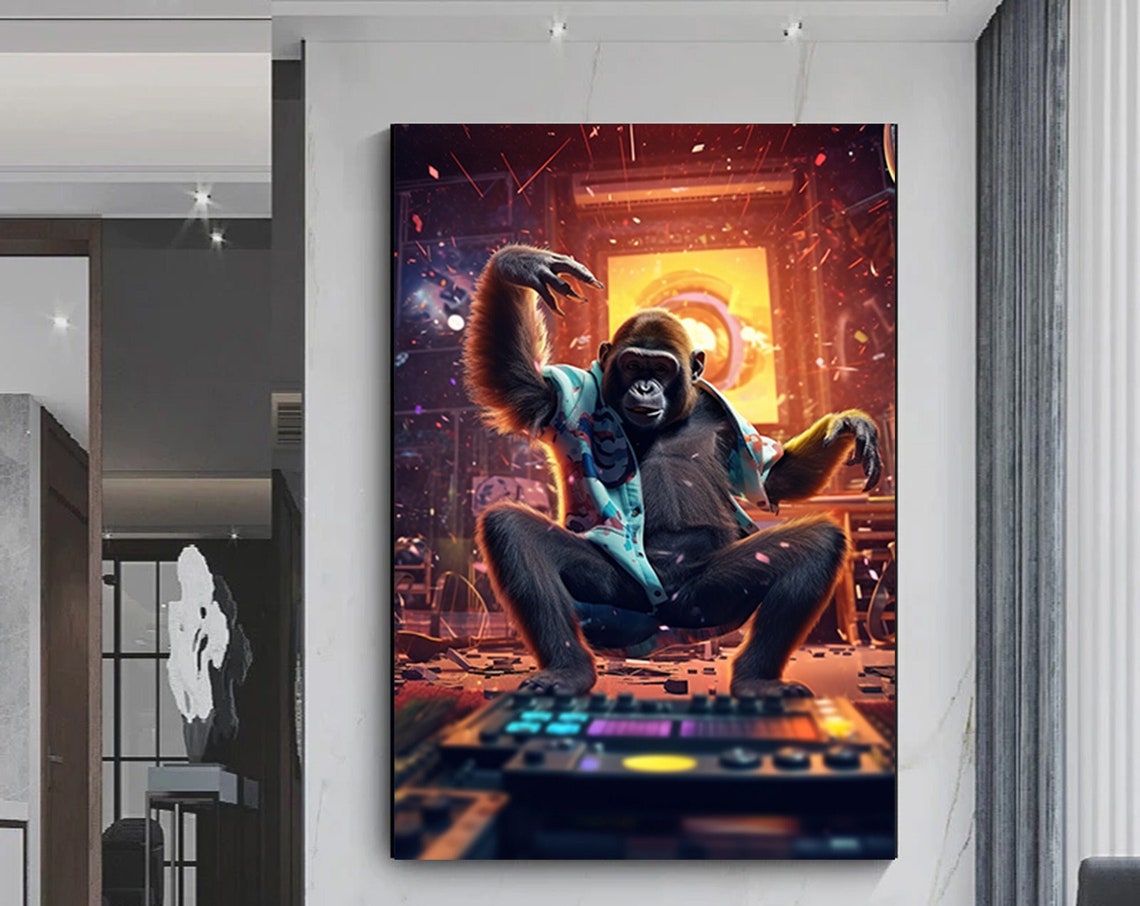 Dj Monkey Print Abstract Artcolorful Canvas Paintingsmonkey Wall Artmonkey