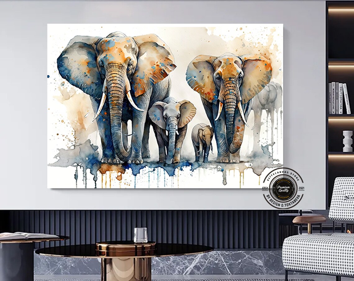 Elephant Family Watercolor Gentle Blue Orange Safari Art Poster