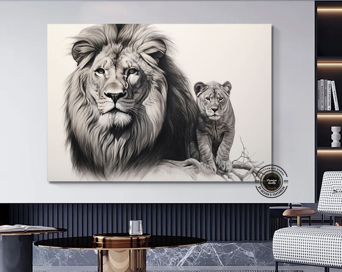 Lion And Cub Canvas Print Father Wall Decor Family Art Blue Eyes Animal Home