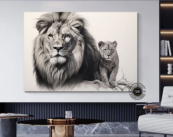 Lion And Cub Canvas Print Father Wall Decor Family Art Blue Eyes Animal Home