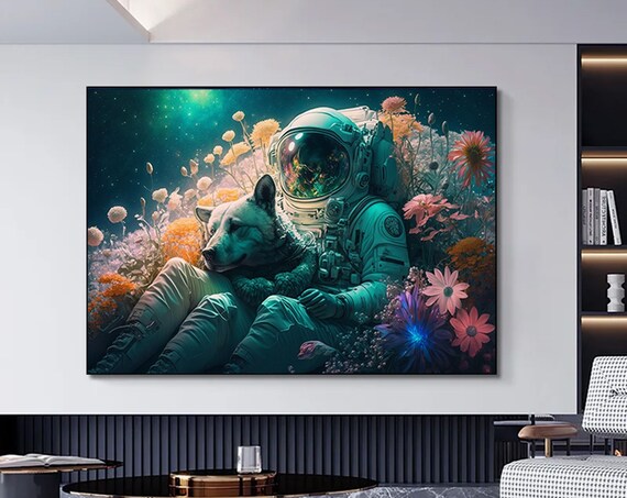 Sweet Astronaut Hugging Dog Cosmic Flower Garden Dream Art Poster