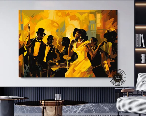 Golden Jazz Club Band Silhouettes Vintage Night Music Art Poster