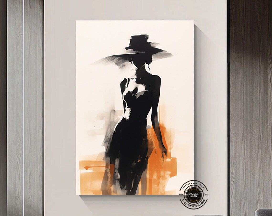 Elegant Woman Wide Brim Hat Minimalist Fashion Ink Art Poster