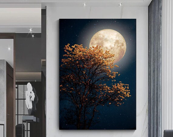 Full Moon Behind Golden Tree Starry Night Sky Landscape Moon Poster