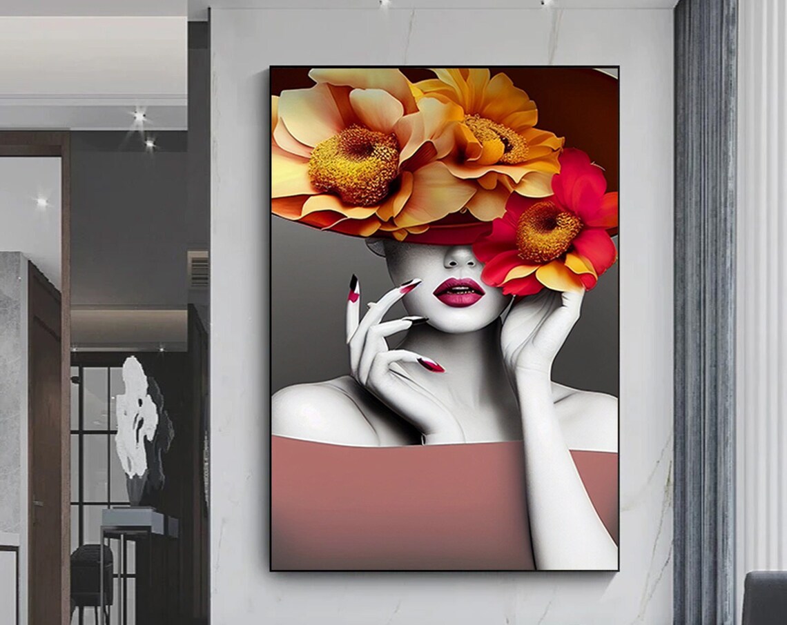 Woman Flower Hat Portrait Red Nails Fashion Floral Art Poster