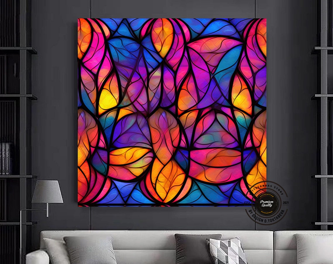 Stained Glass Leaves Pattern Multicolor Mosaic Style Art Poster