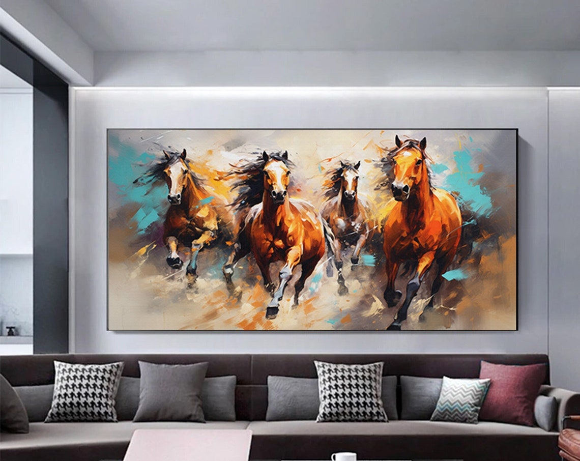 Four Running Horses Painterly Orange Teal Dynamic Art Poster