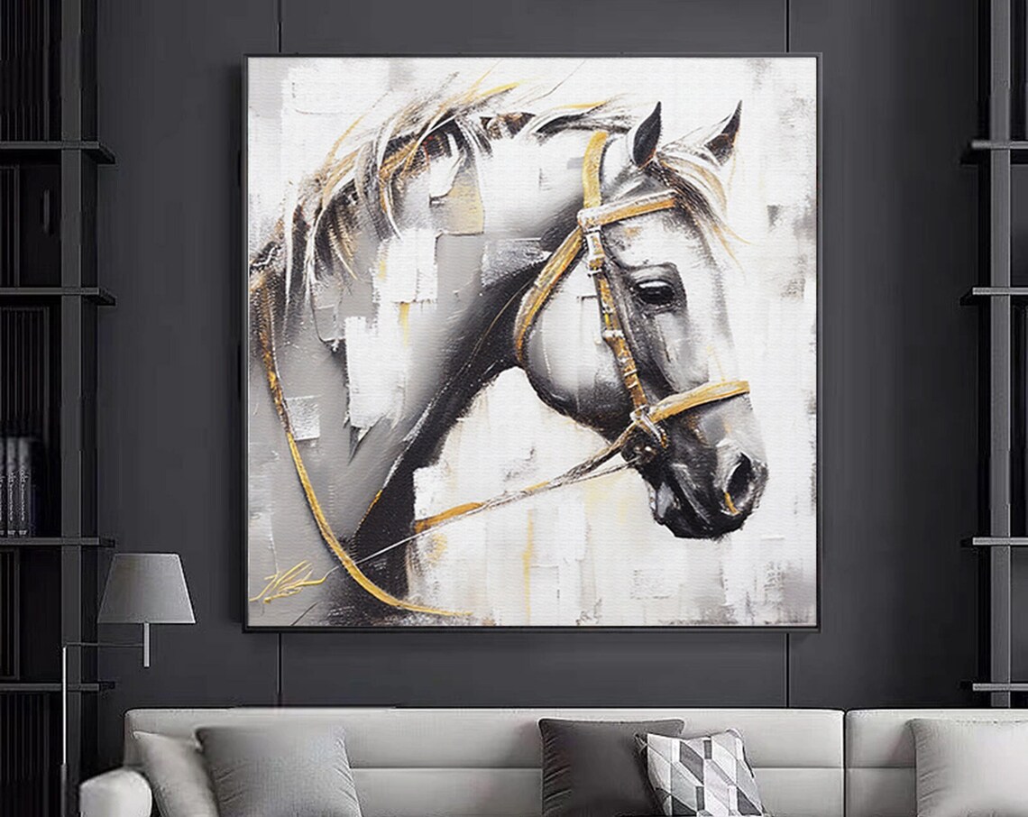 Modern White Horse Head Grey Gold Abstract Equestrian Art Poster