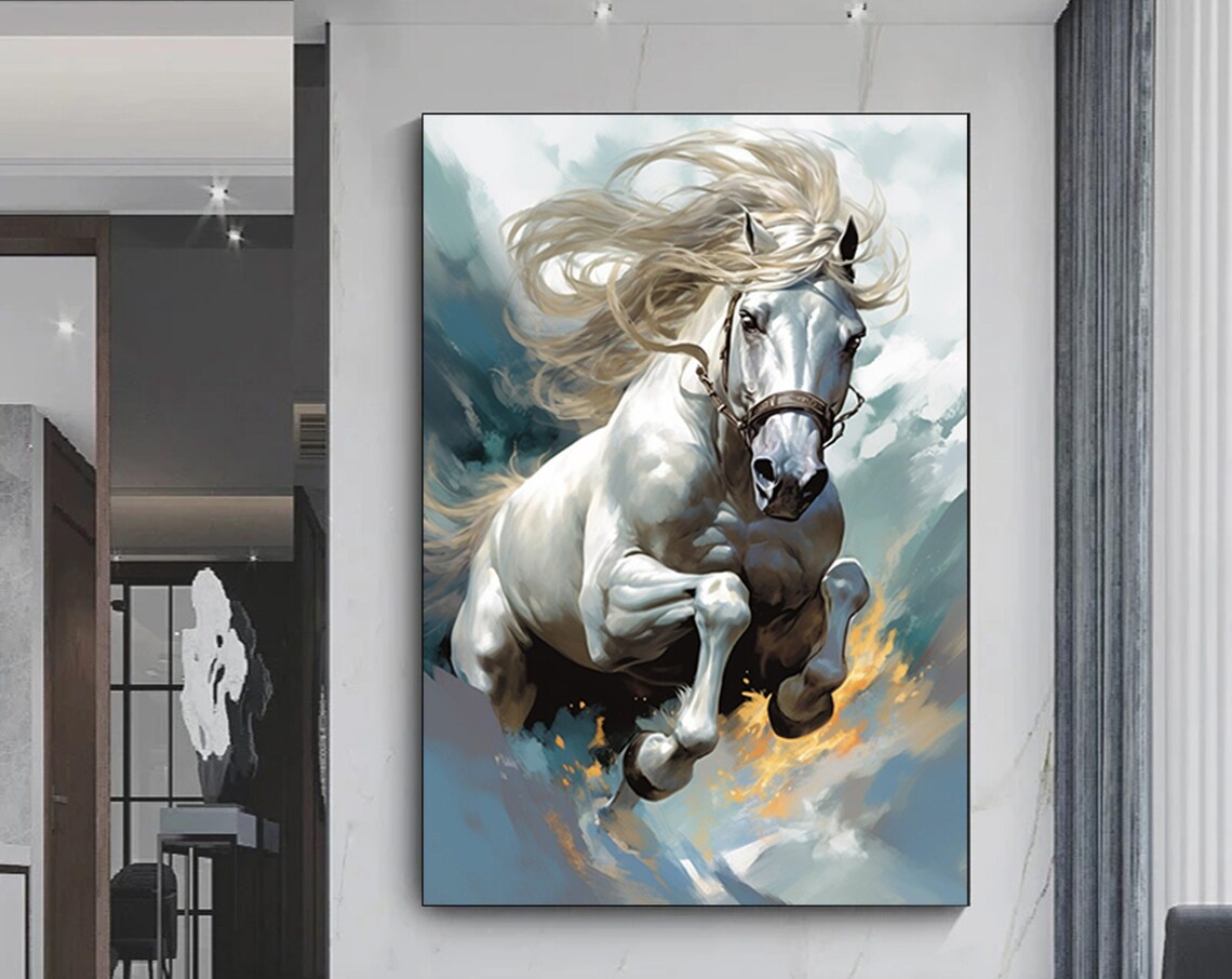 White Horse Leaping Painterly Equine Fine Art Gallery Poster