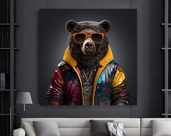 Brightly Colored Bear Bespectacled Canvas Wall Artcute Animal Art