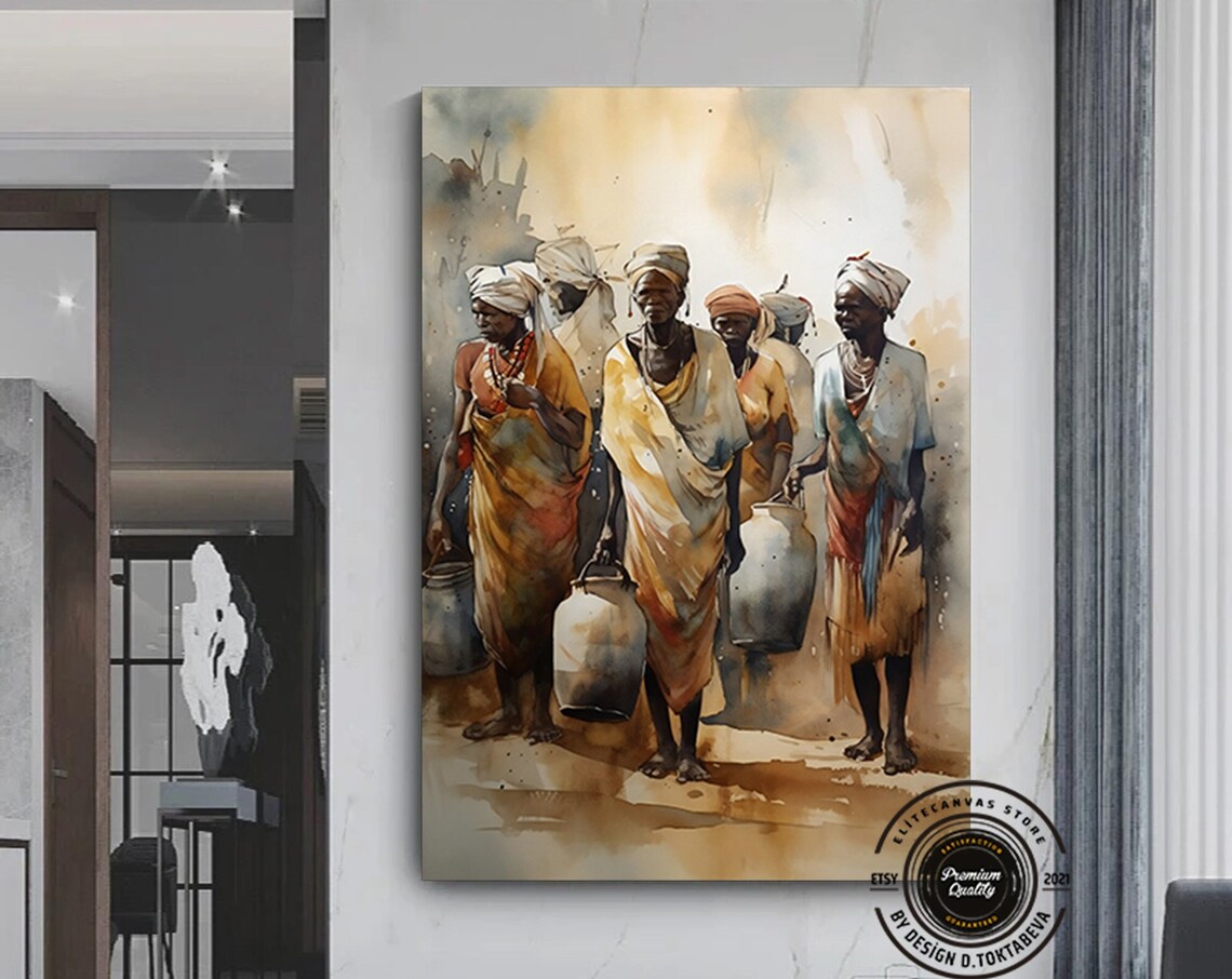 African Women Clay Water Pots Watercolor Village Artwork Poster