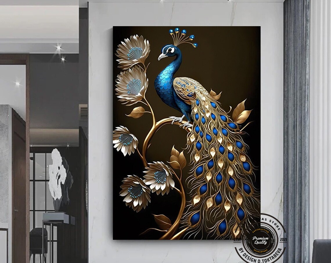 Blue Gold Peacock Golden Tree Black Art Nouveau Bird Artwork Poster