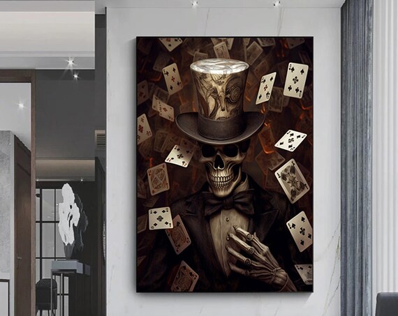 Skull in Top Hat Surrounded by Falling Playing Cards Dark Poster