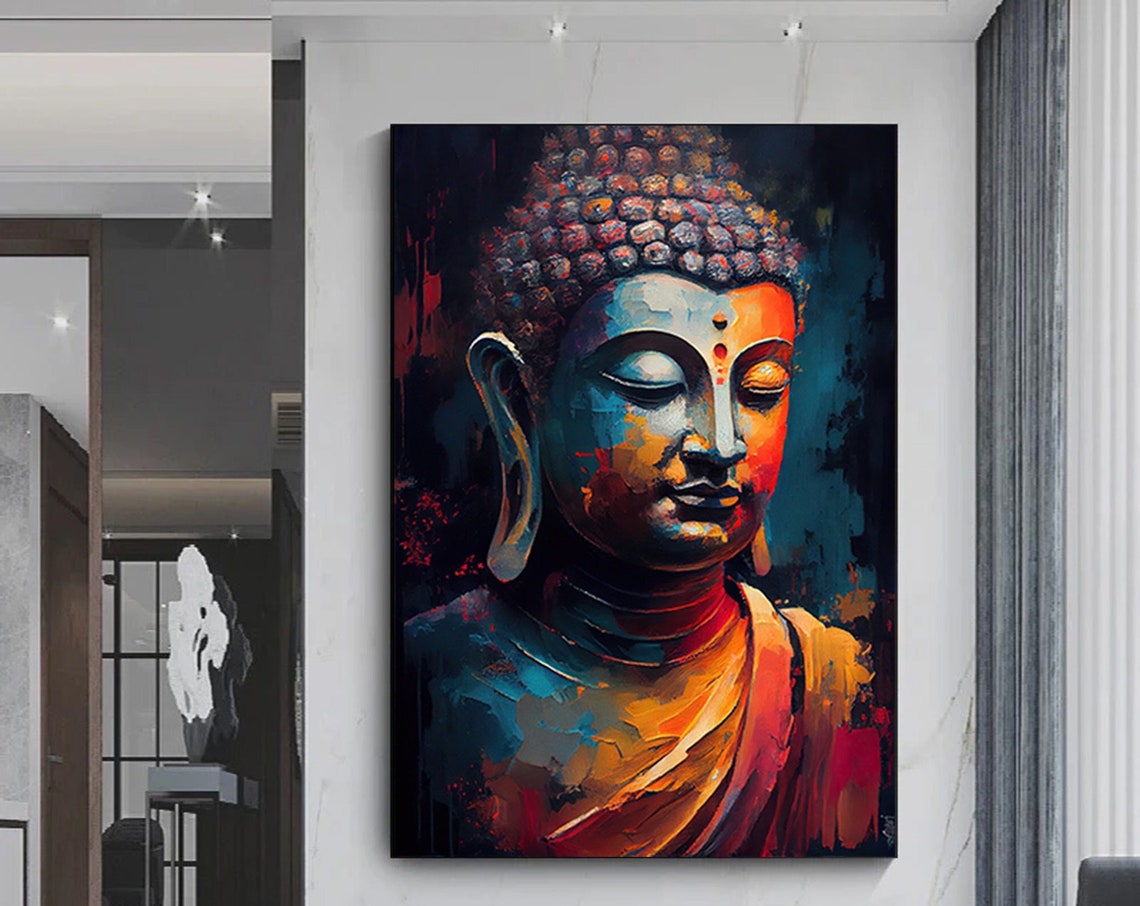 Blue Orange Buddha Head Oil Painting Meditation Dark Art Poster