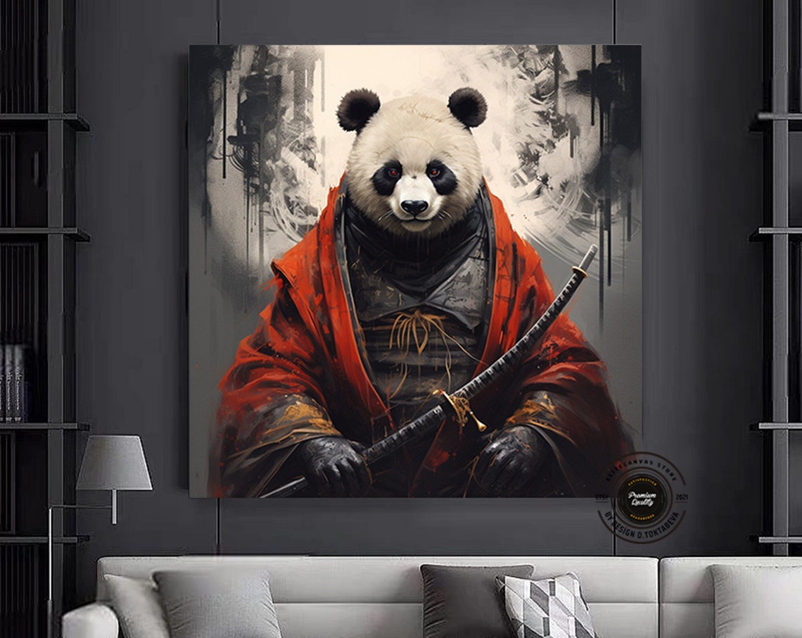 Panda Canvas Wall Art Warrior Print With Sword Ready To Hang Decor