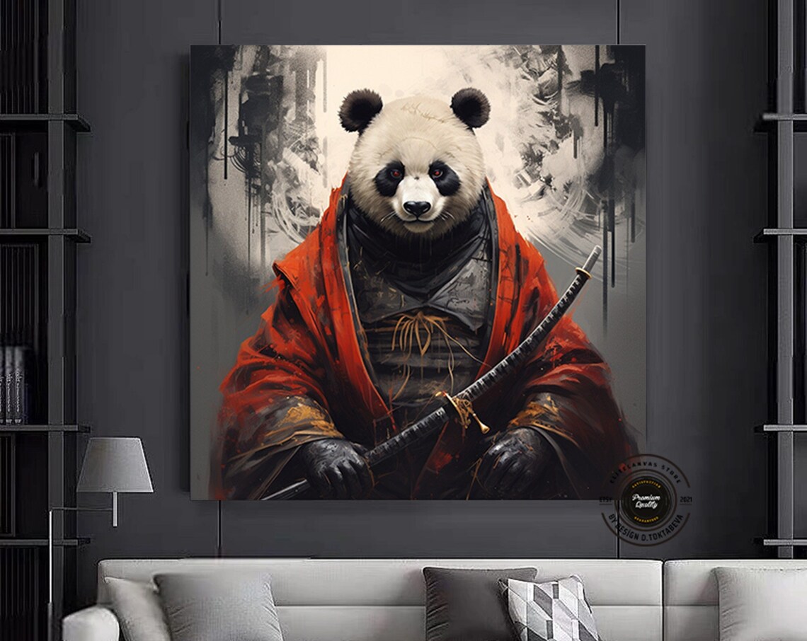 Samurai Panda with Katana Red Robe Ink Wash Style Animal Poster
