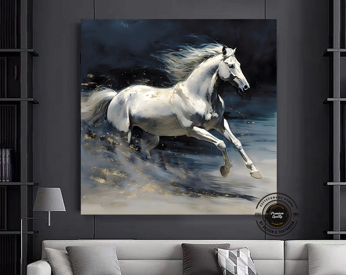 Majestic White Horse Galloping Across Dark Stormy Sea Art Poster