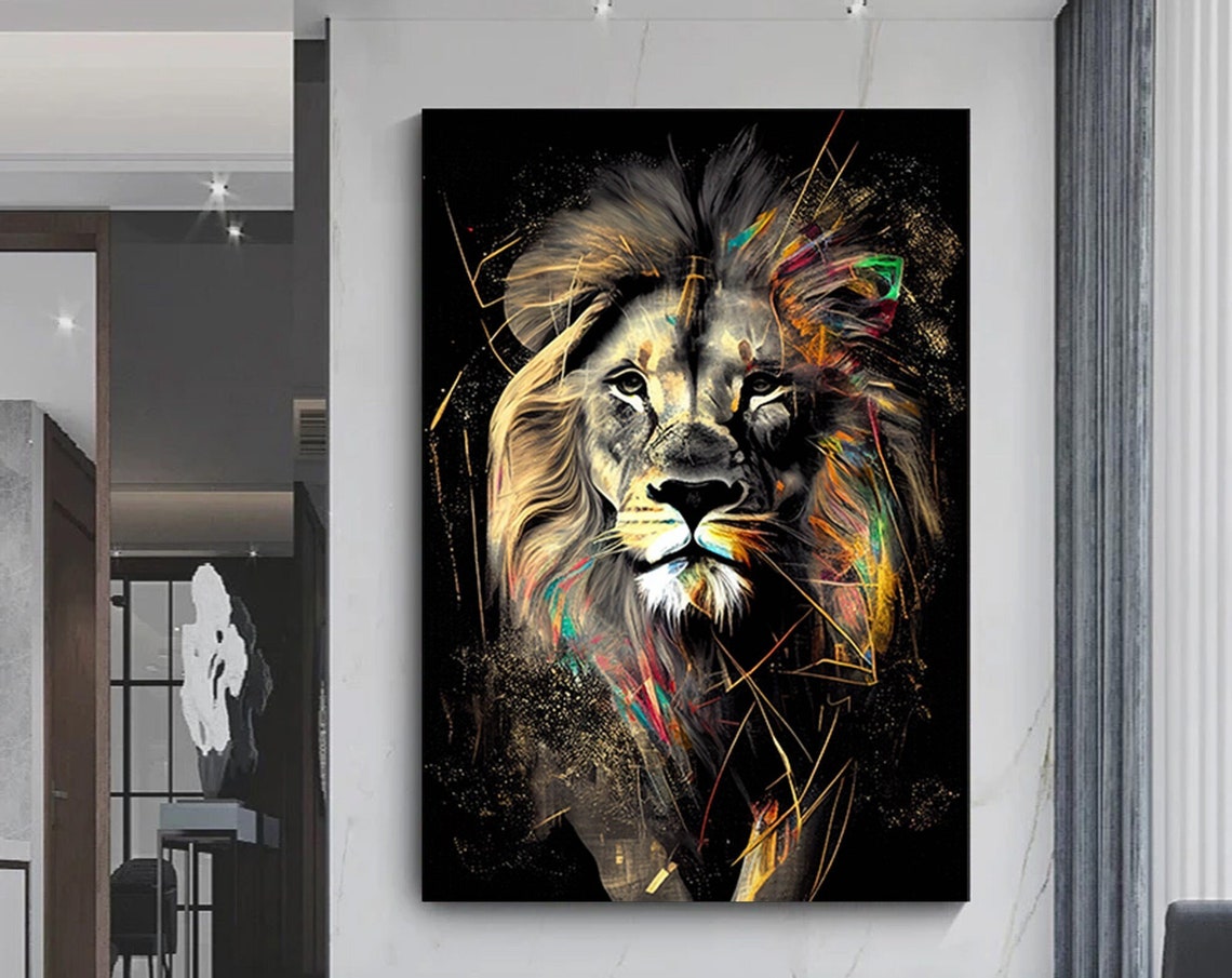 Majestic Lion Face Colorful Streaks Black Background Art Poster