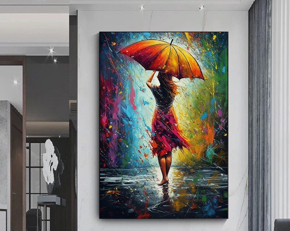Girl With Red Umbrella Colorful Rain Splash Scene Painting Poster
