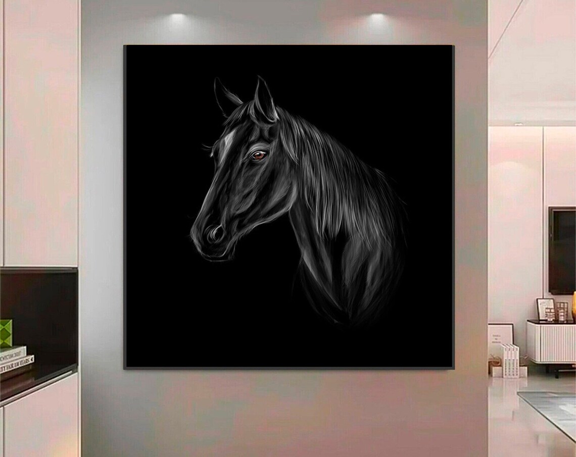 Elegant Black and White Horse Portrait Flowing Mane Equine Poster
