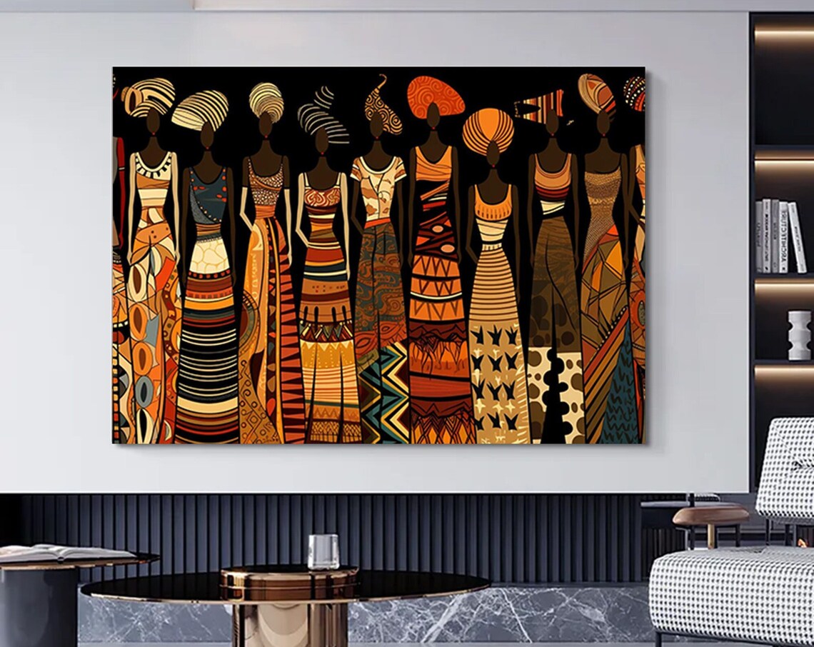 African Women Patterned Dresses Elegant Row Art Painting Poster