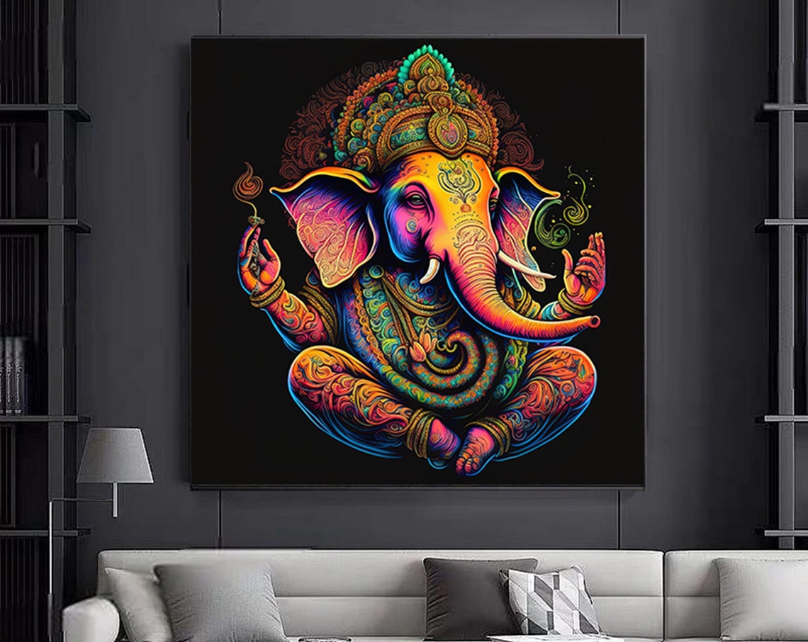 Neon Rainbow Ganesha On Black Hindu Deity Psychedelic Poster