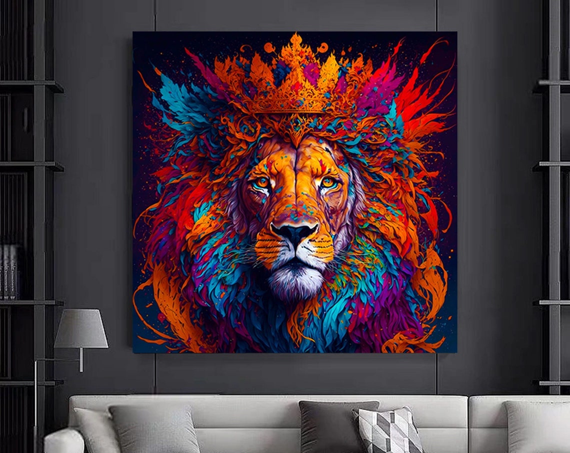 Crowned Lion King Colorful Splash Majestic Animal Art Poster