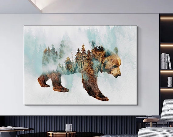 Bear Canvas Wall Art Walking In Snow Tree Landscape Painting Brown Printmodern Home Decor Ready To Hang Print
