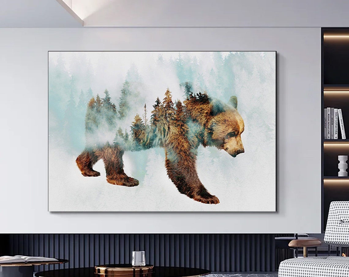 Bear Canvas Wall Art Walking In Snow Tree Landscape Painting Brown Printmodern Home Decor Ready To Hang Print