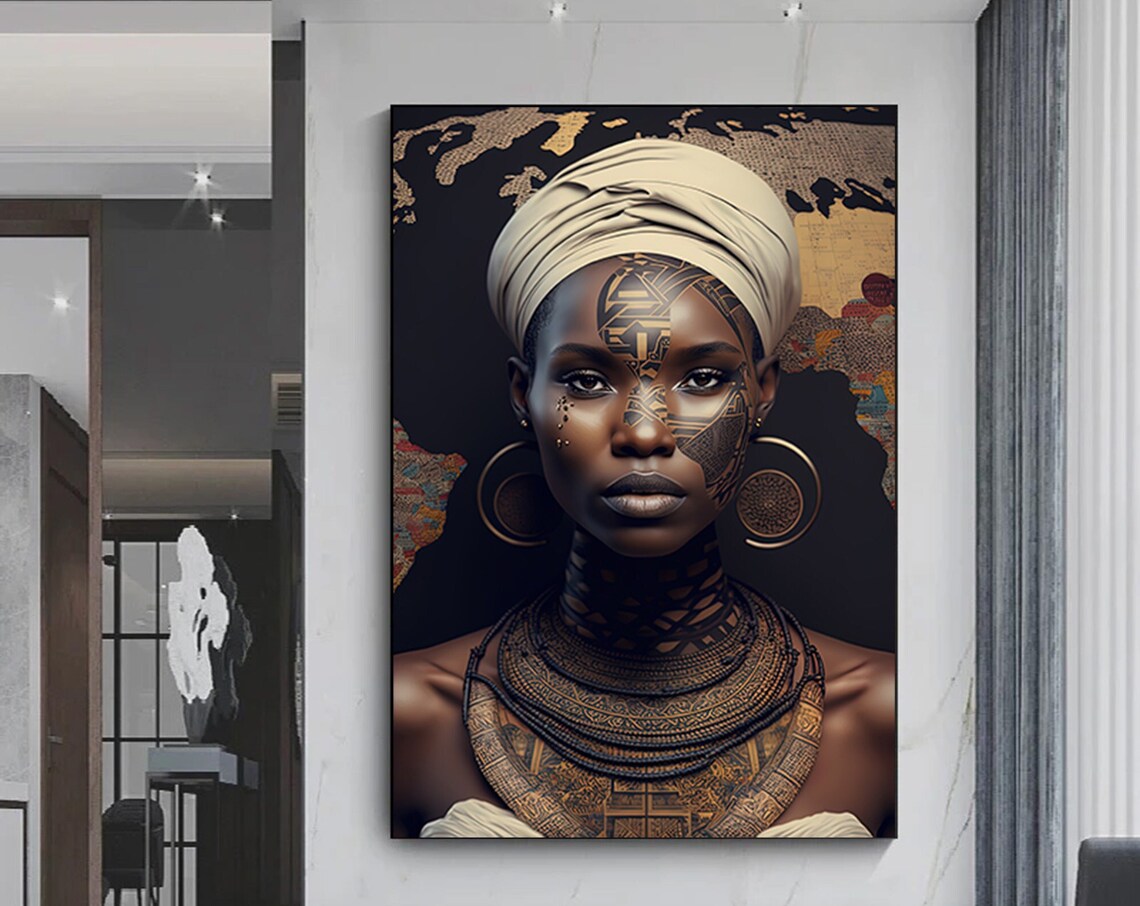 African Woman Gold Tribal Jewelry World Map Portrait Art Poster