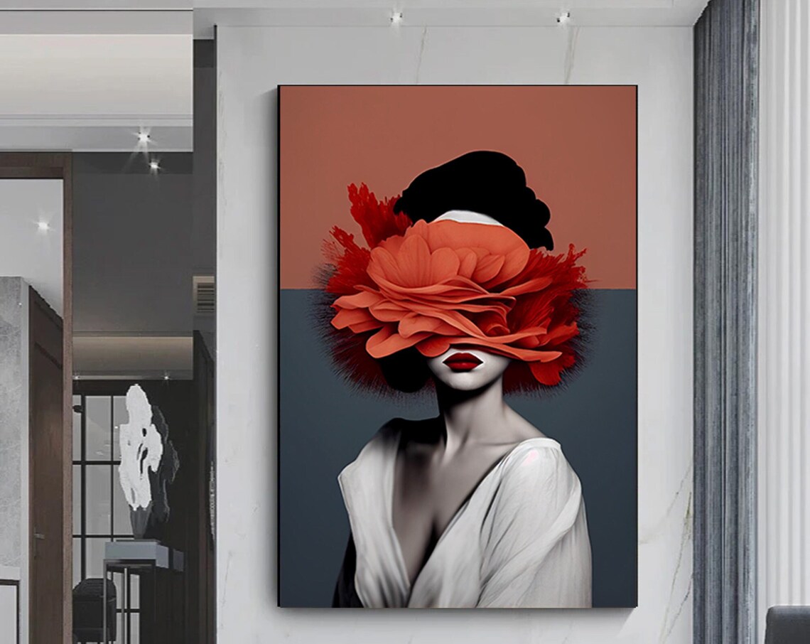 Woman Red Flower Covering Eyes Bold Floral Beauty Portrait Poster