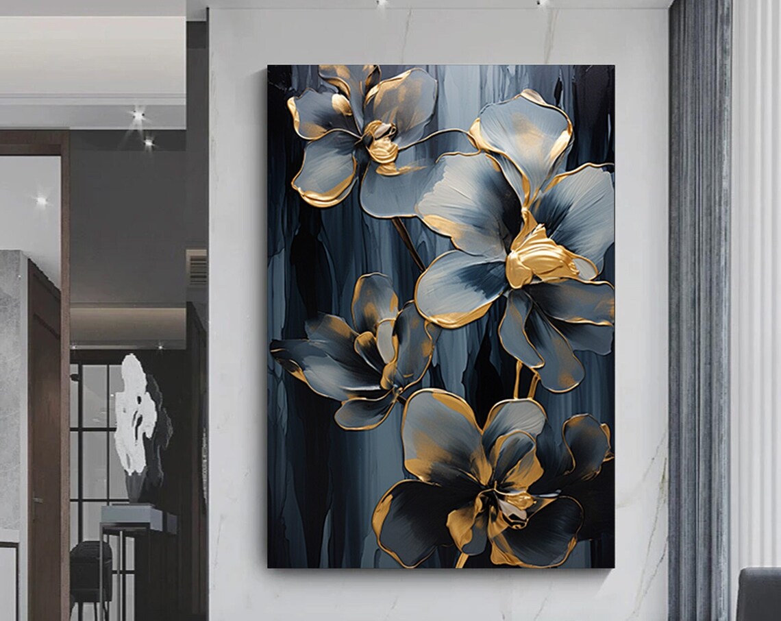 Black and Gold Flowers Elegant Floral Painting Vertical Poster