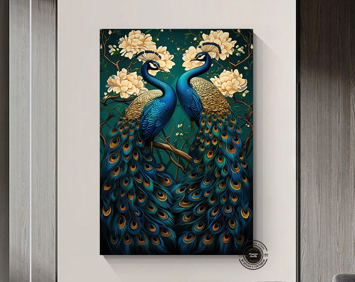Two Elegant Peacocks with White Blossoms on Dark Teal Art Poster