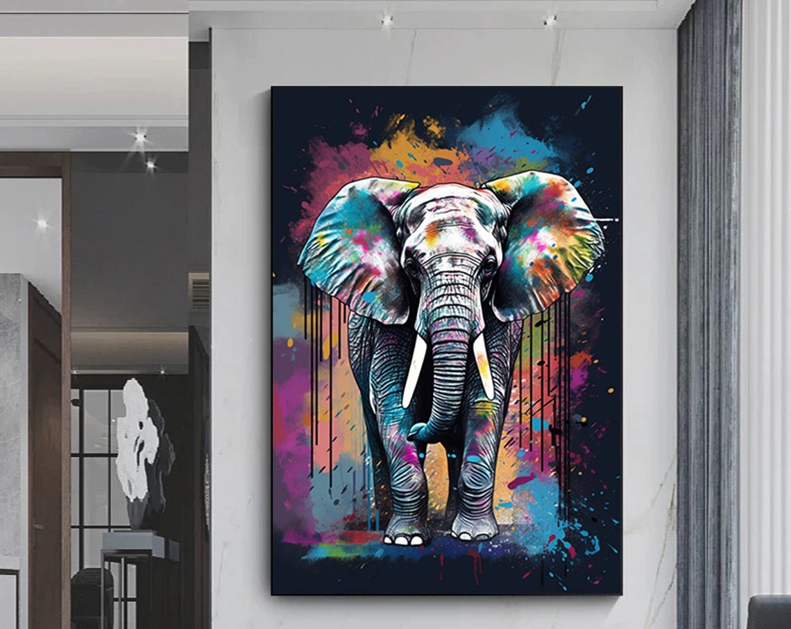 Elephant Graffiti Colorful Street Art Dark Paint Splatter Poster