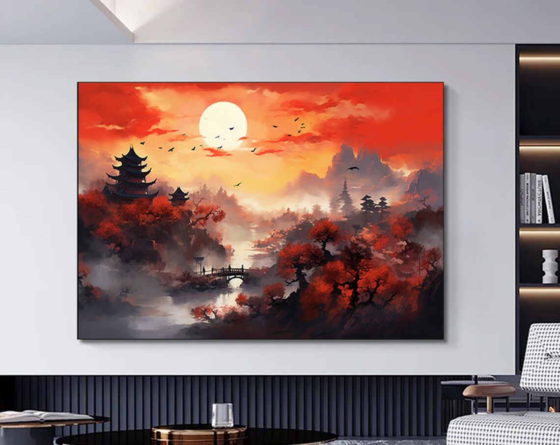 Red Sunset Asian Pagoda Mountain Lake Mist Birds Scenic Art Poster