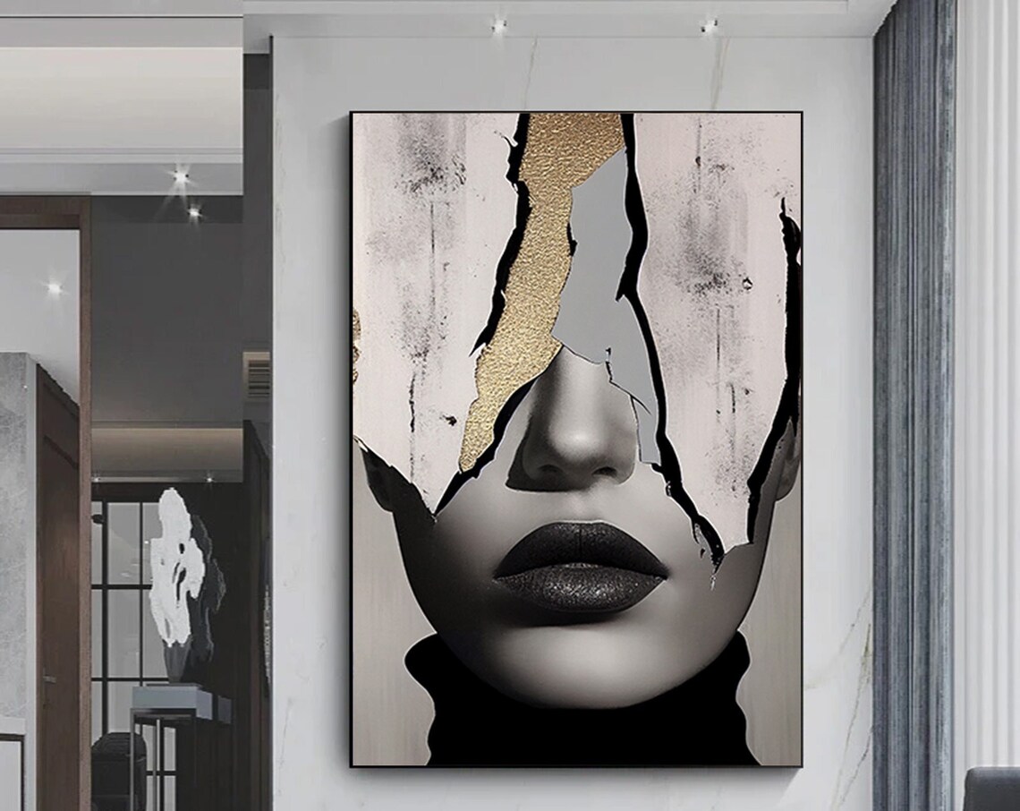 Woman Torn Gold Paper Lips Dramatic Close-Up Abstract Art Poster