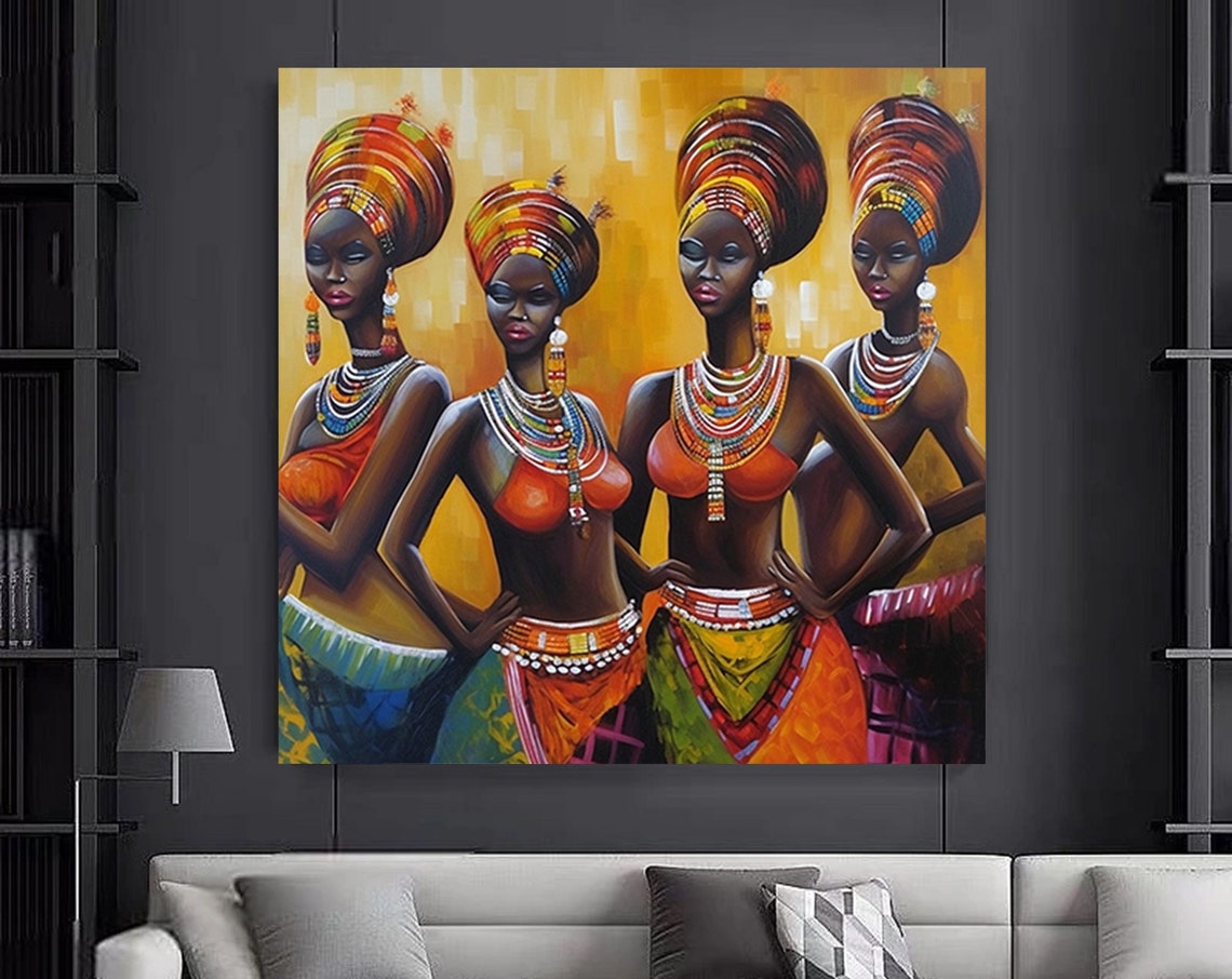 African Four Turbans Wall Art Of Womanwoman Artcolorful Woman Paintingafrican Canvas