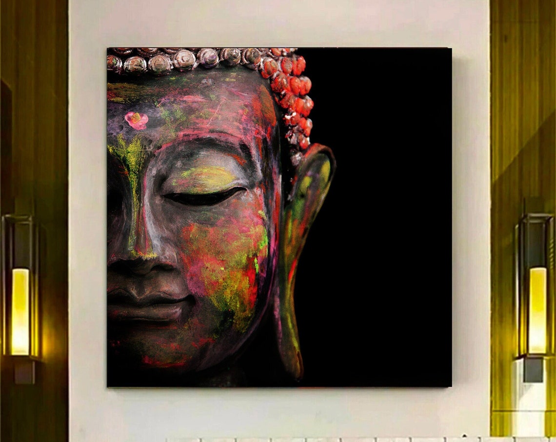 Colorful Rainbow Buddha Face Closeup Dark Black Background Poster