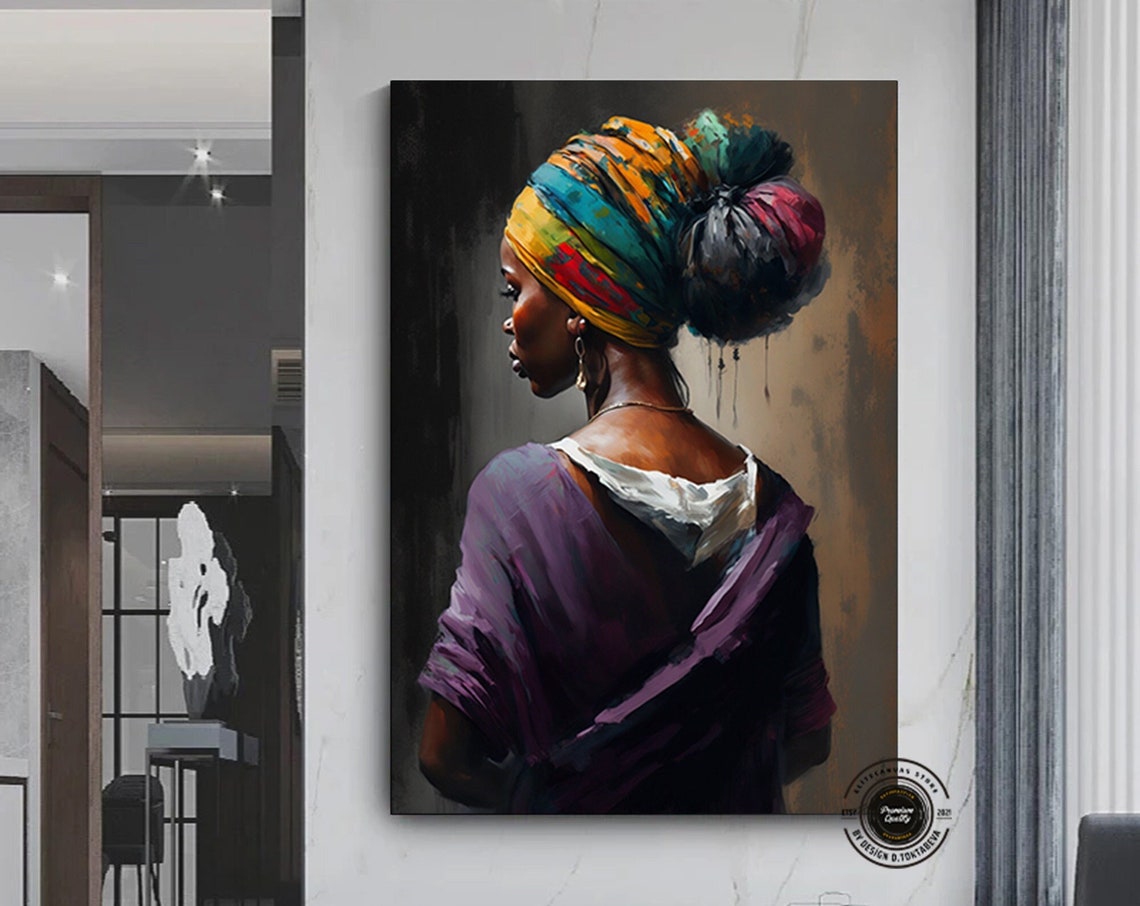 African Woman with Colorful Headwrap Purple Shawl Back View Poster