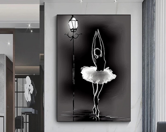 Ballerina in Tutu Under Street Lamp Black and White Dance Poster