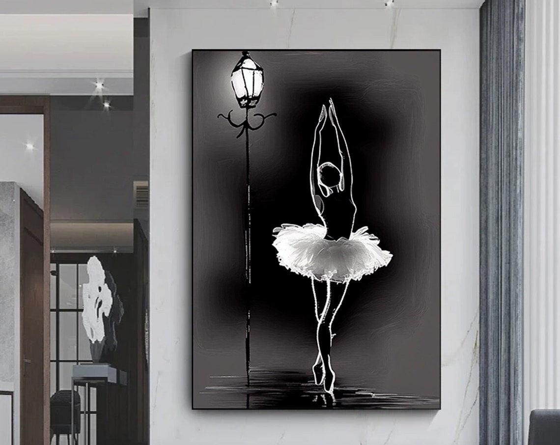 Ballerina in Tutu Under Street Lamp Black and White Dance Poster