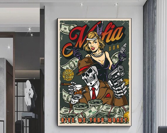 Mafia Don Vintage Give Me Your Money Skeleton Gangster Poster