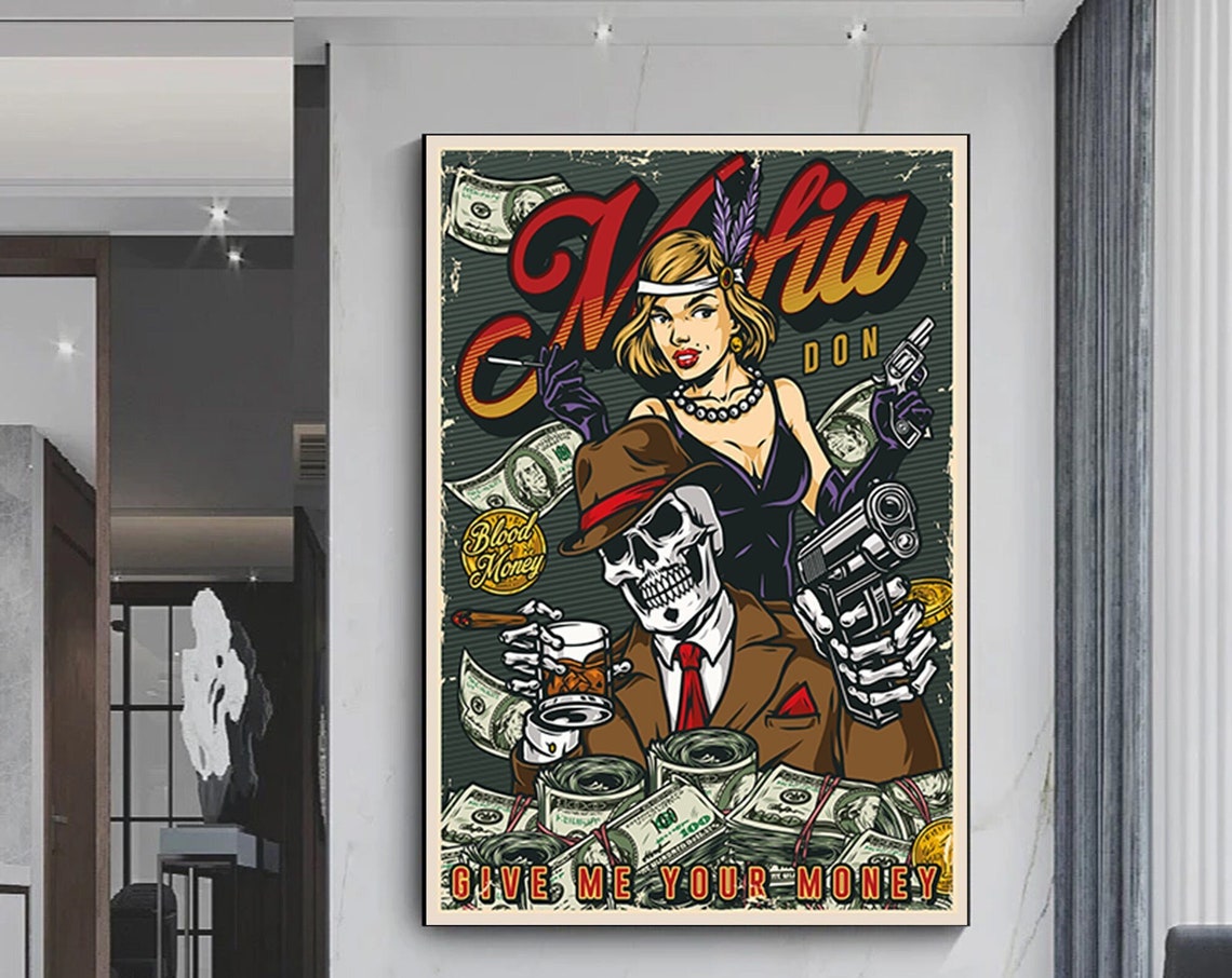 Mafia Don Vintage Give Me Your Money Skeleton Gangster Poster