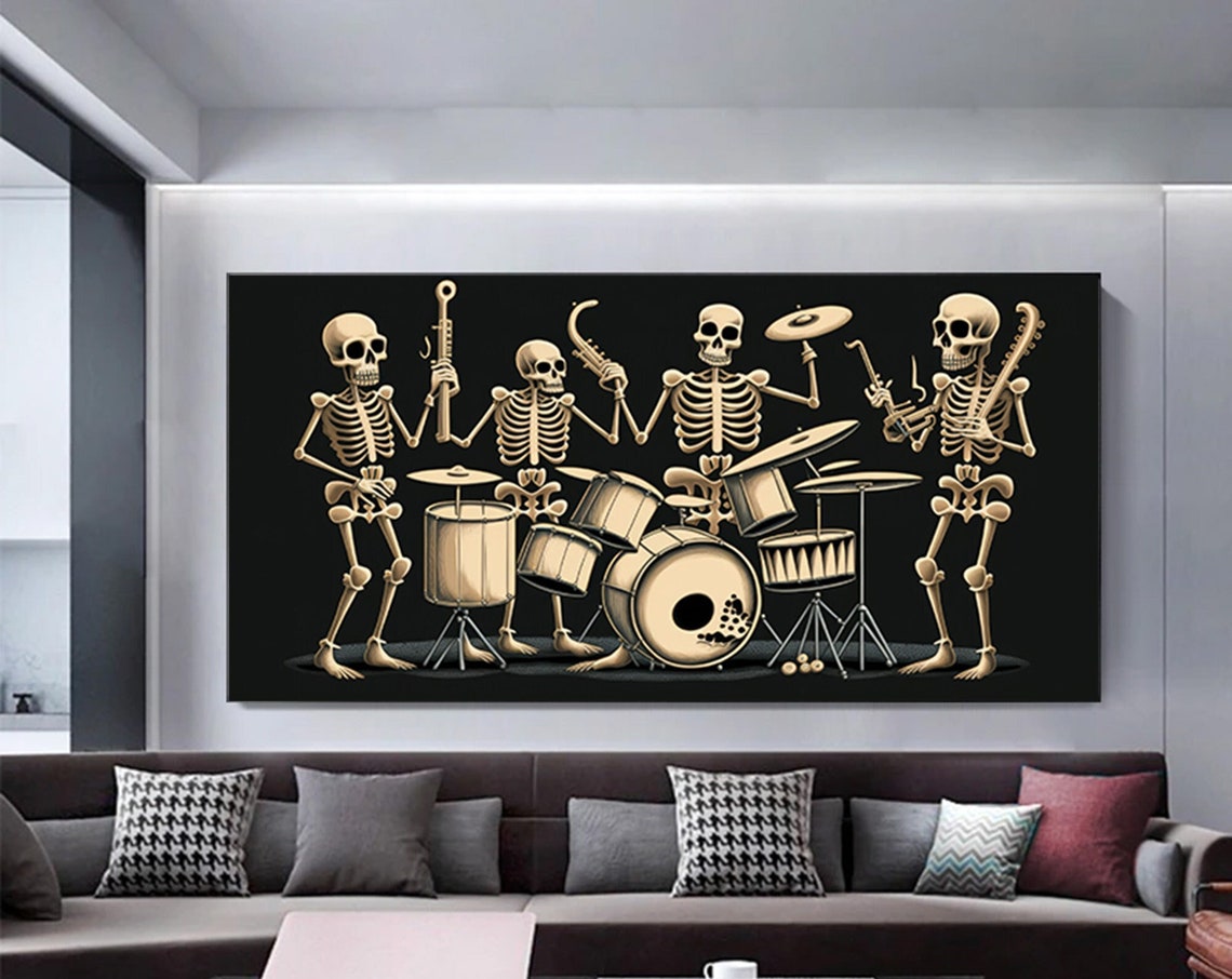 Skeleton Brass Band Drummers On Black Funny Music Parade Poster