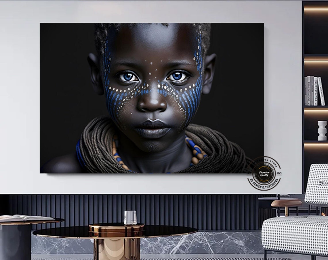 African Child Blue Face Paint Beads Striking Portrait Art Poster